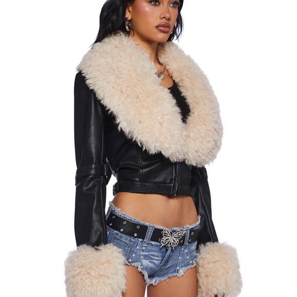 cover moto gothic jacket - black faux leather & cream faux fur | women’s medium - Picture 15 of 16